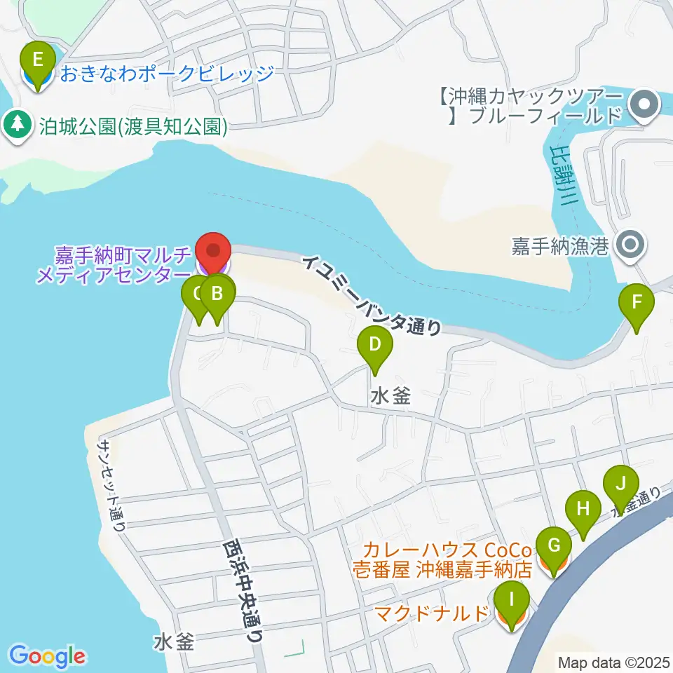 嘉手納町マルチメディアセンター周辺のファミレス・ファーストフード一覧地図