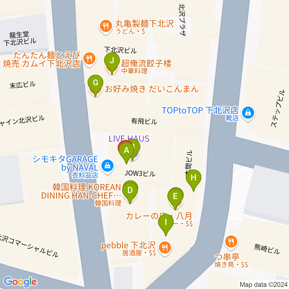 下北沢リブハウス周辺のファミレス・ファーストフード一覧地図