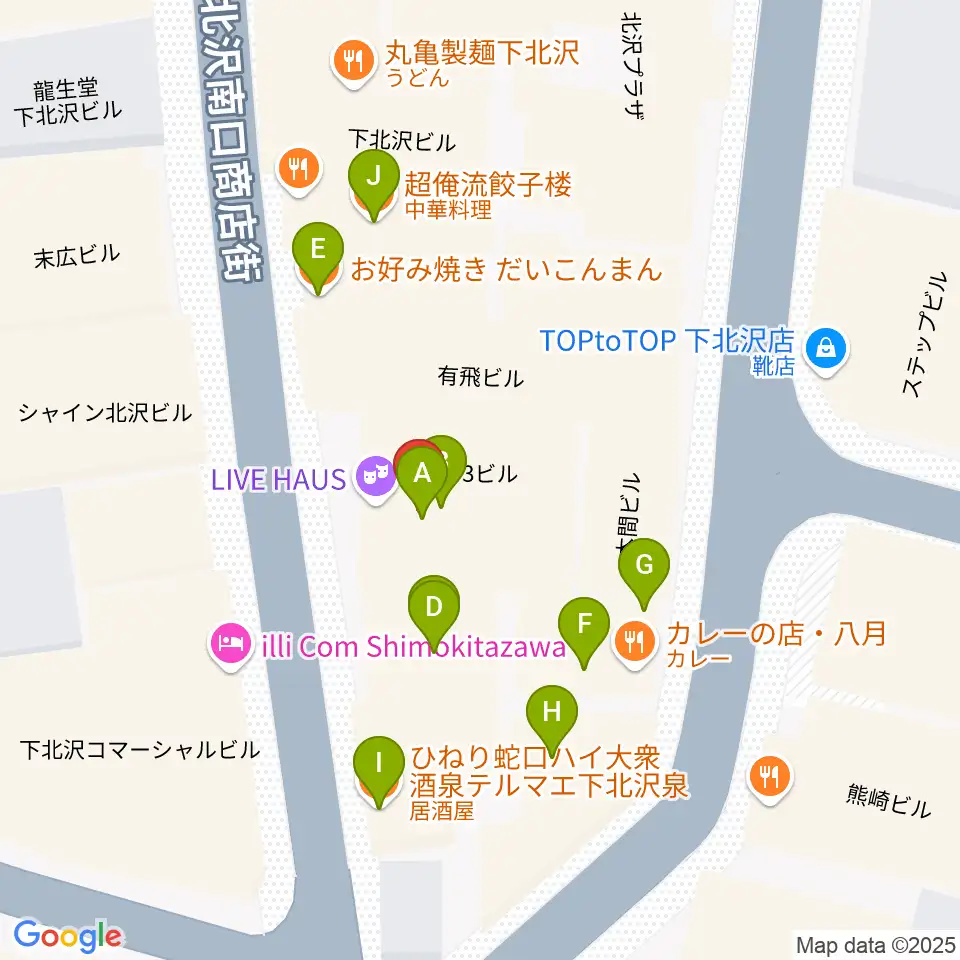 下北沢リブハウス周辺のファミレス・ファーストフード一覧地図