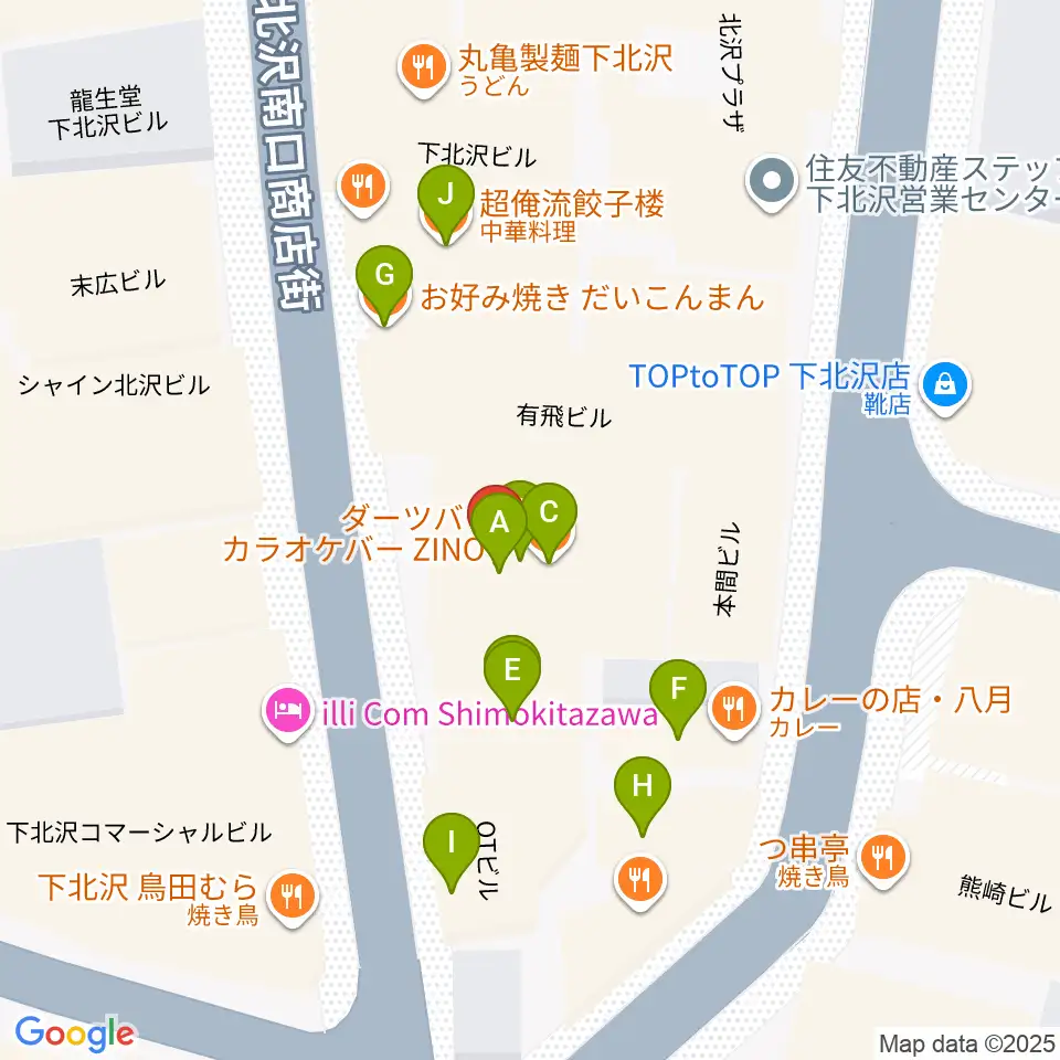 下北沢リブハウス周辺のファミレス・ファーストフード一覧地図