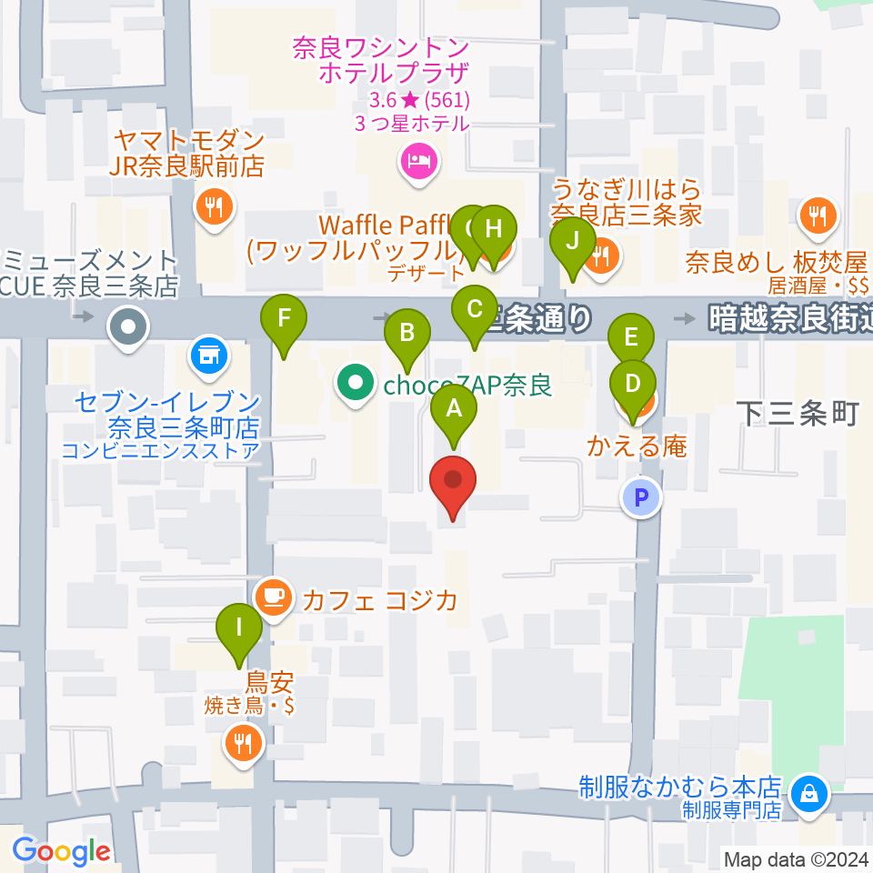 奈良EVANS CASTLE HALL 周辺のファミレス・ファーストフード一覧地図