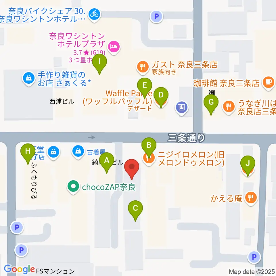 奈良EVANS CASTLE HALL周辺のファミレス・ファーストフード一覧地図