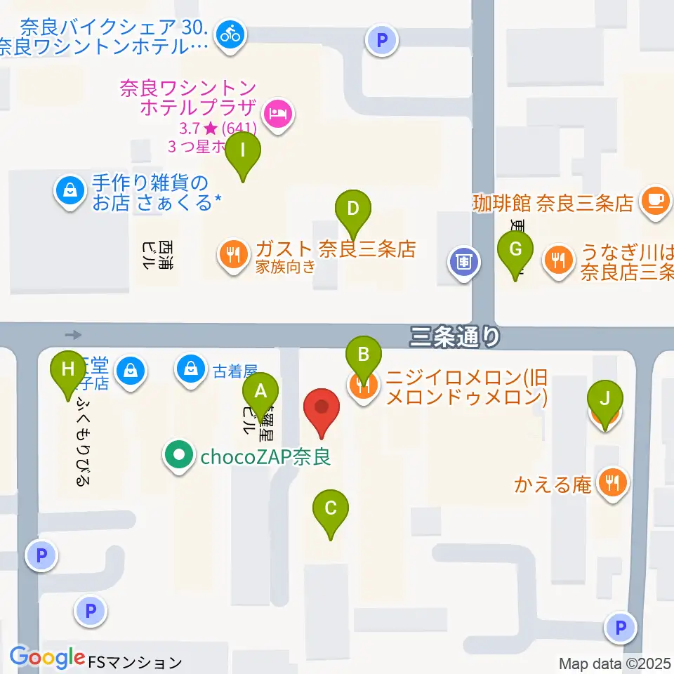 奈良EVANS CASTLE HALL周辺のファミレス・ファーストフード一覧地図