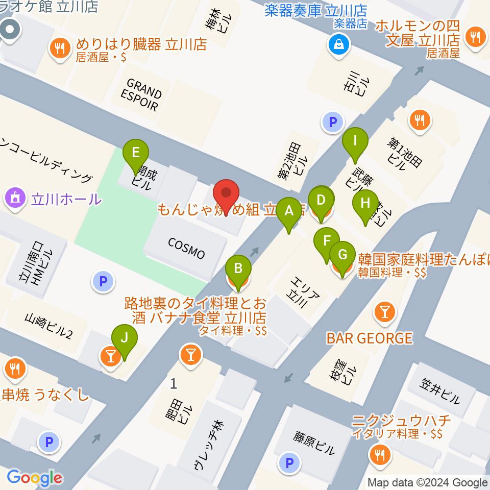 楽器奏庫 立川店周辺のファミレス・ファーストフード一覧地図