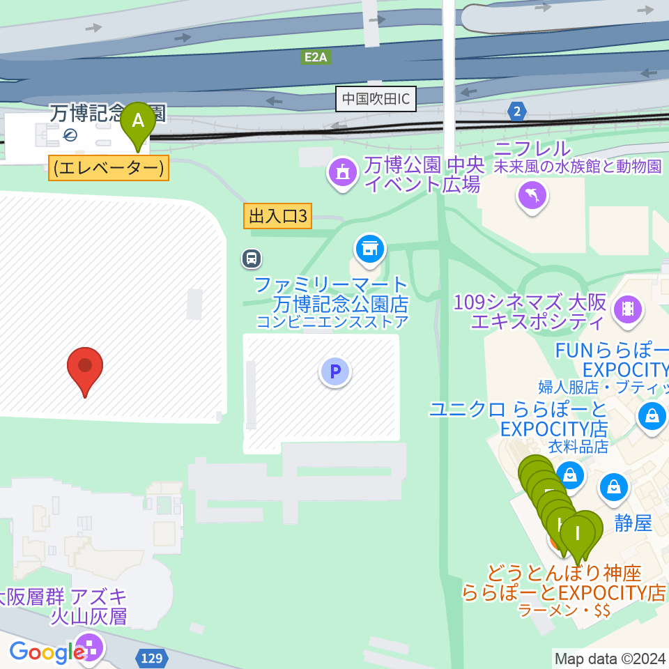 大阪万博記念公園アリーナ（仮） 周辺のファミレス・ファーストフード一覧地図