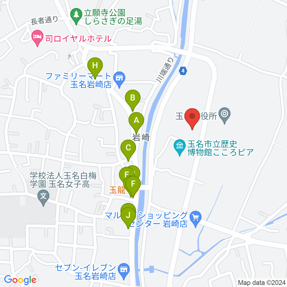 玉名市民会館ホール周辺のファミレス・ファーストフード一覧地図