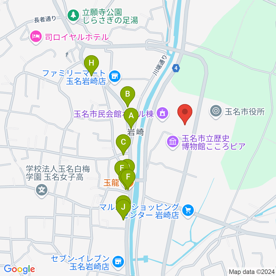 玉名市民会館ホール周辺のファミレス・ファーストフード一覧地図