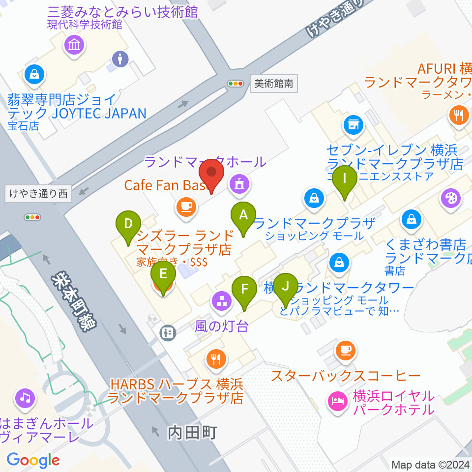 横浜ランドマークホール周辺のファミレス・ファーストフード一覧地図