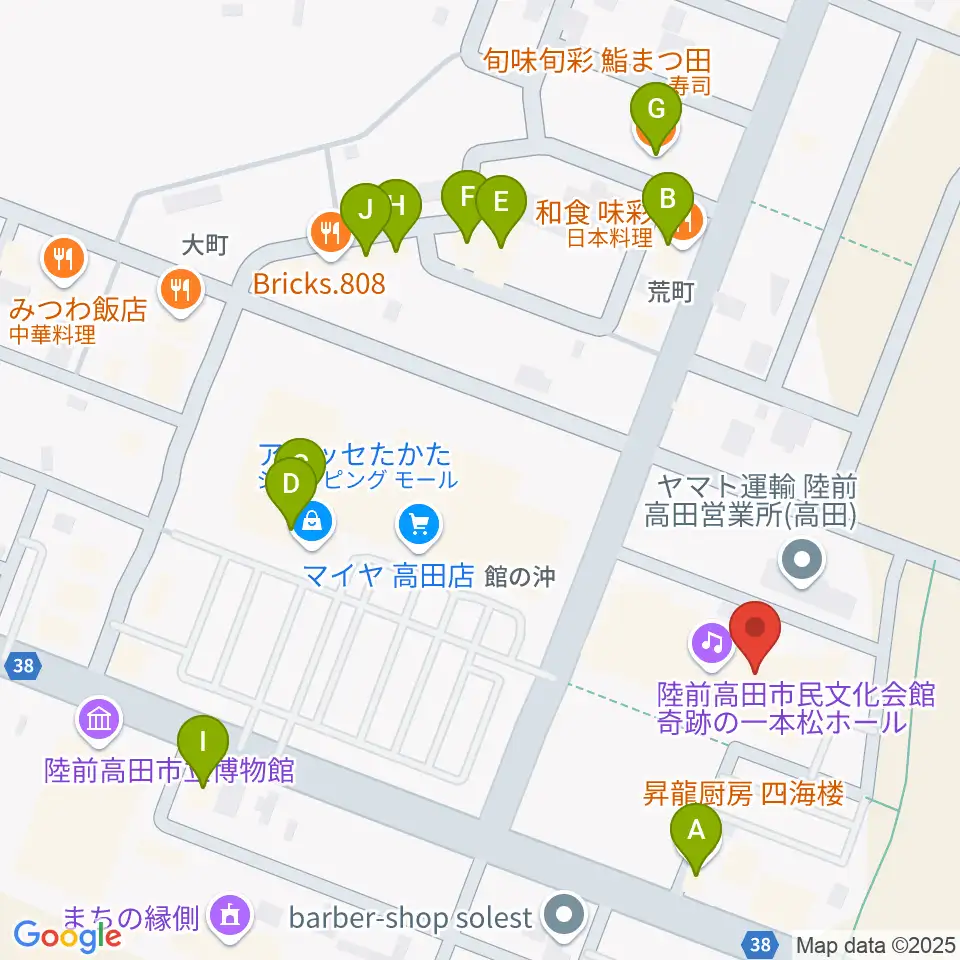 陸前高田市民文化会館 奇跡の一本松ホール周辺のファミレス・ファーストフード一覧地図