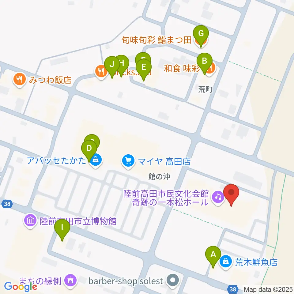 陸前高田市民文化会館 奇跡の一本松ホール周辺のファミレス・ファーストフード一覧地図