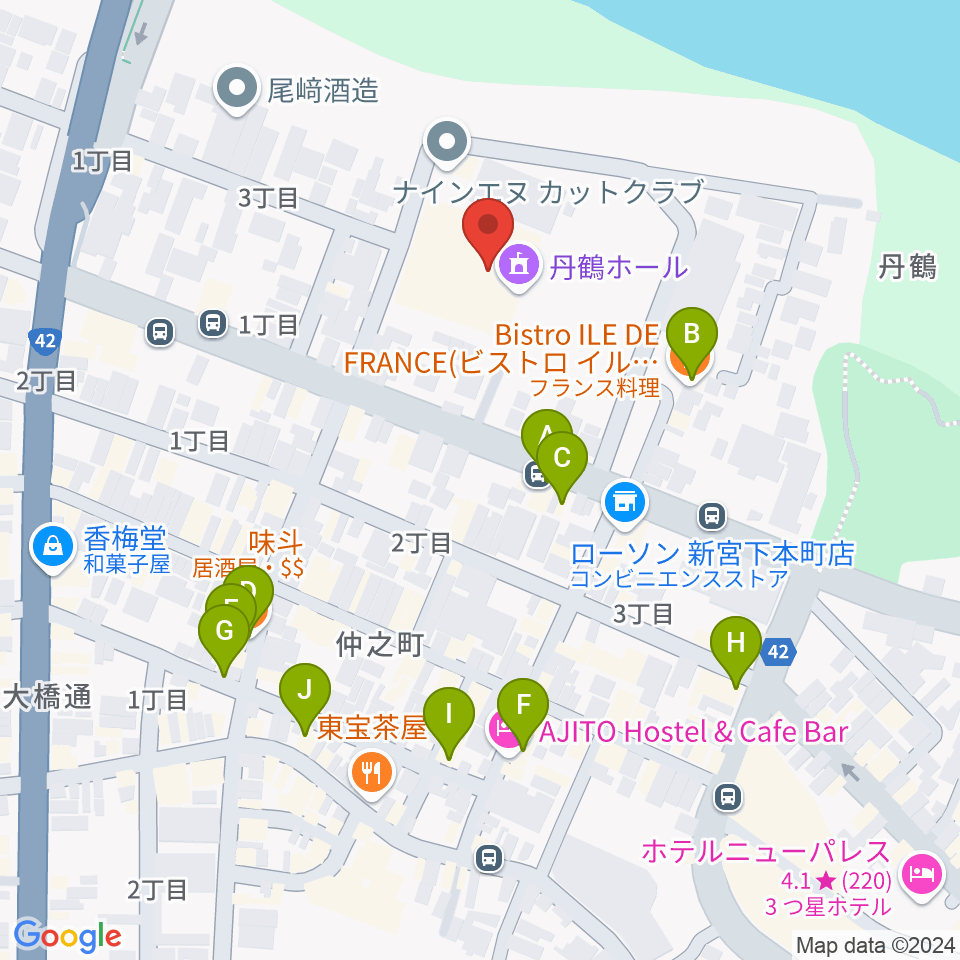 丹鶴ホール周辺のファミレス・ファーストフード一覧地図