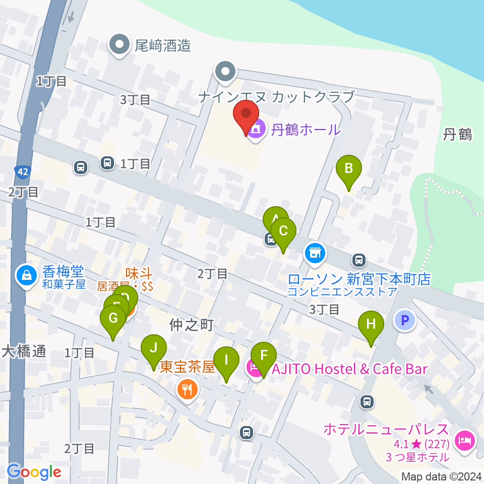 丹鶴ホール周辺のファミレス・ファーストフード一覧地図