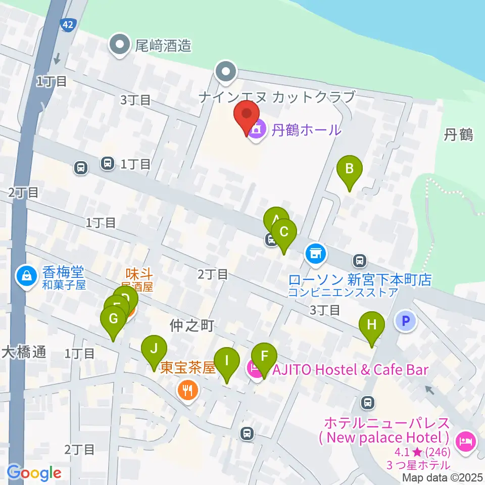 丹鶴ホール周辺のファミレス・ファーストフード一覧地図