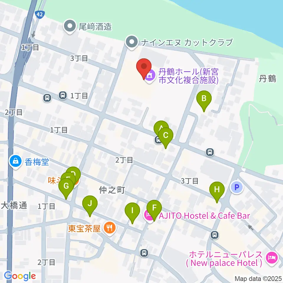 丹鶴ホール周辺のファミレス・ファーストフード一覧地図