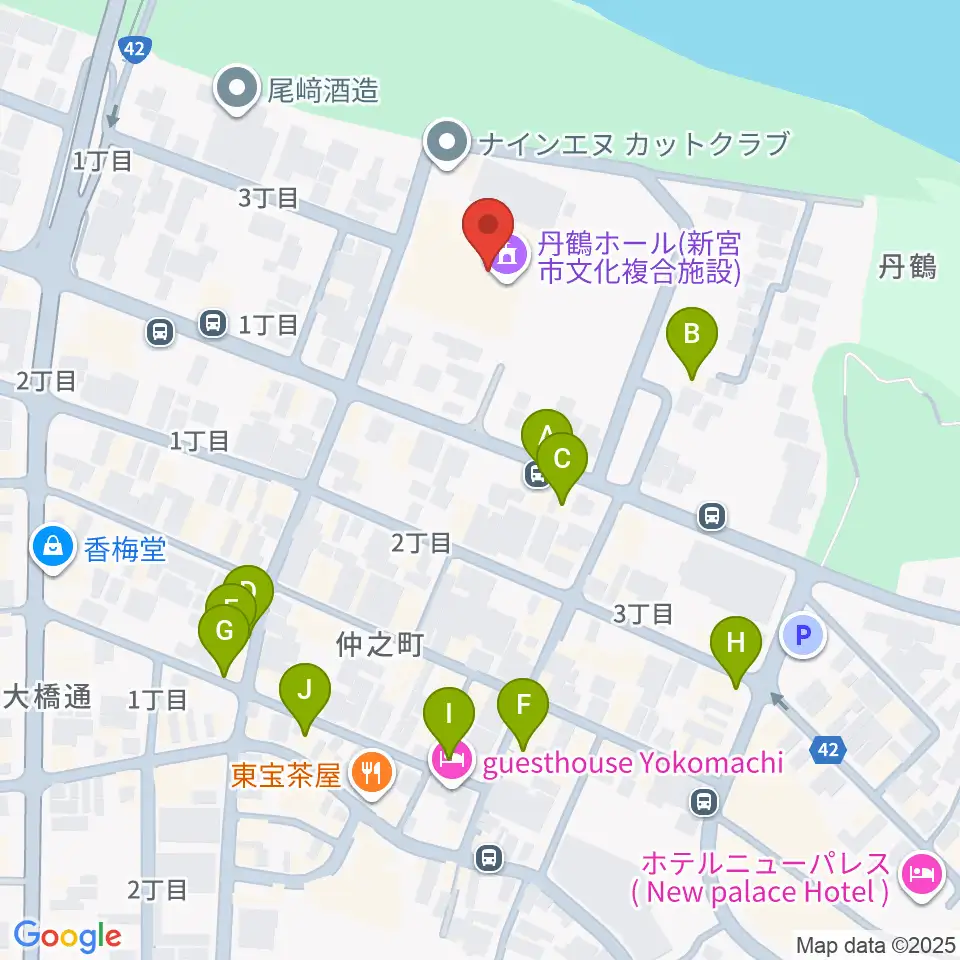 丹鶴ホール周辺のファミレス・ファーストフード一覧地図