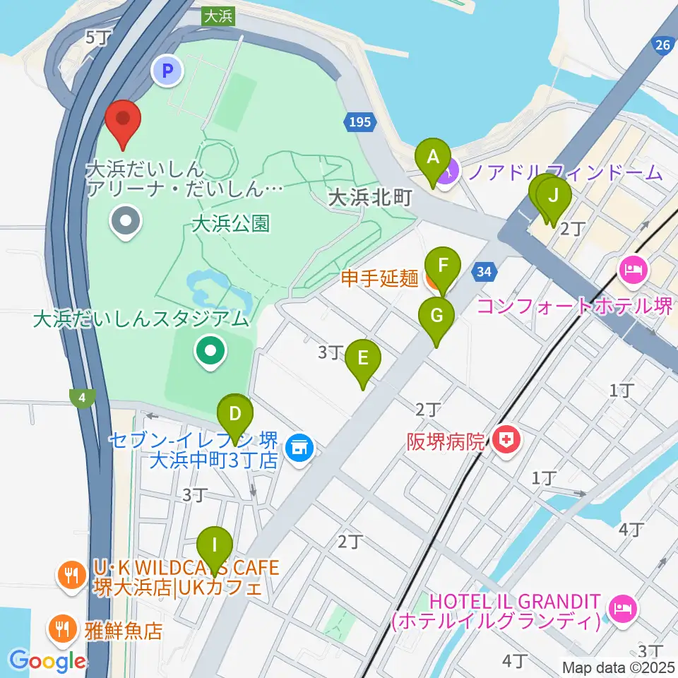 大浜だいしんアリーナ・だいしん大浜武道館周辺のファミレス・ファーストフード一覧地図