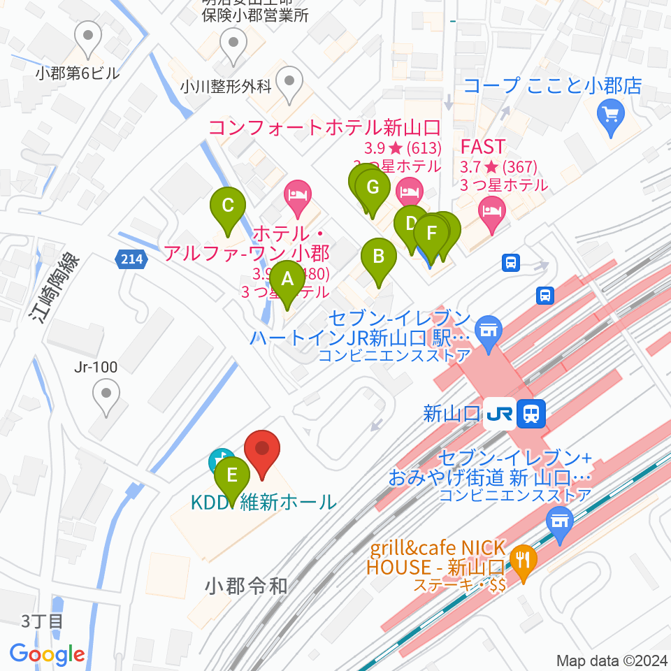 KDDI維新ホール周辺のファミレス・ファーストフード一覧地図