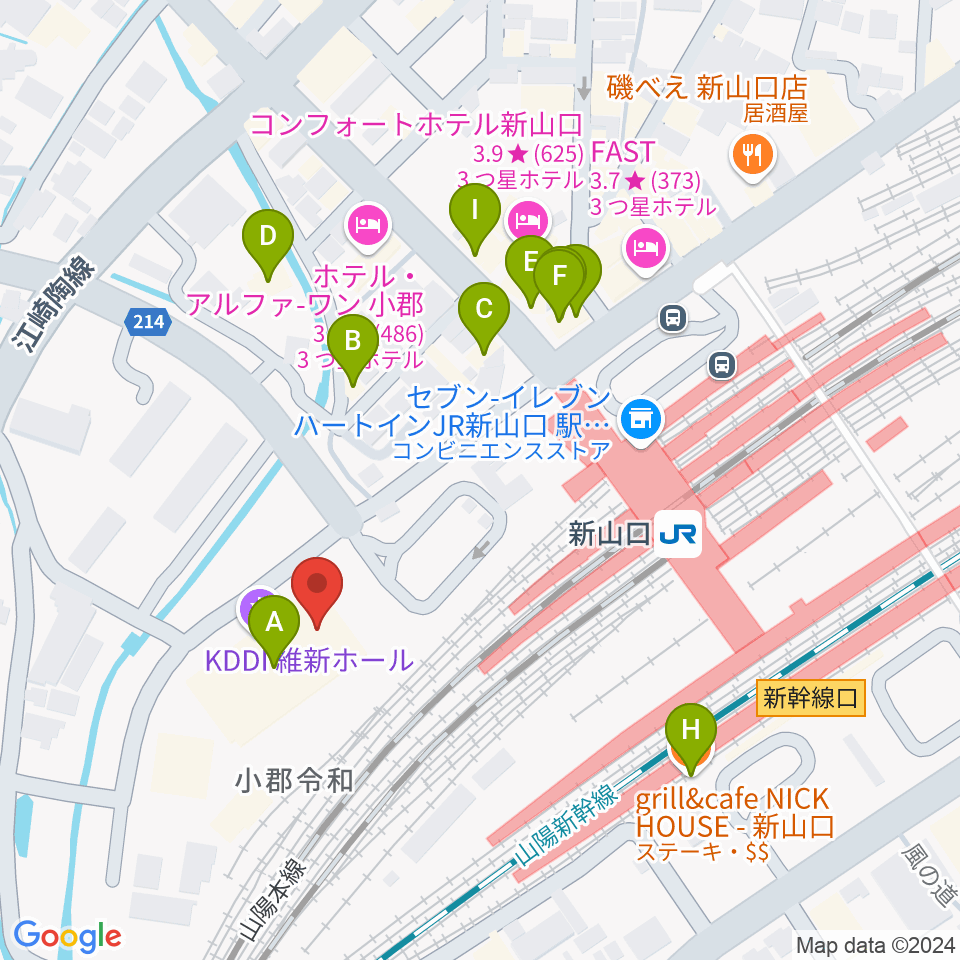 KDDI維新ホール周辺のファミレス・ファーストフード一覧地図