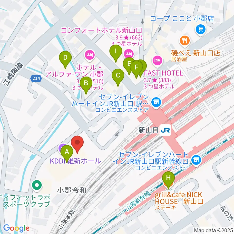 KDDI維新ホール周辺のファミレス・ファーストフード一覧地図