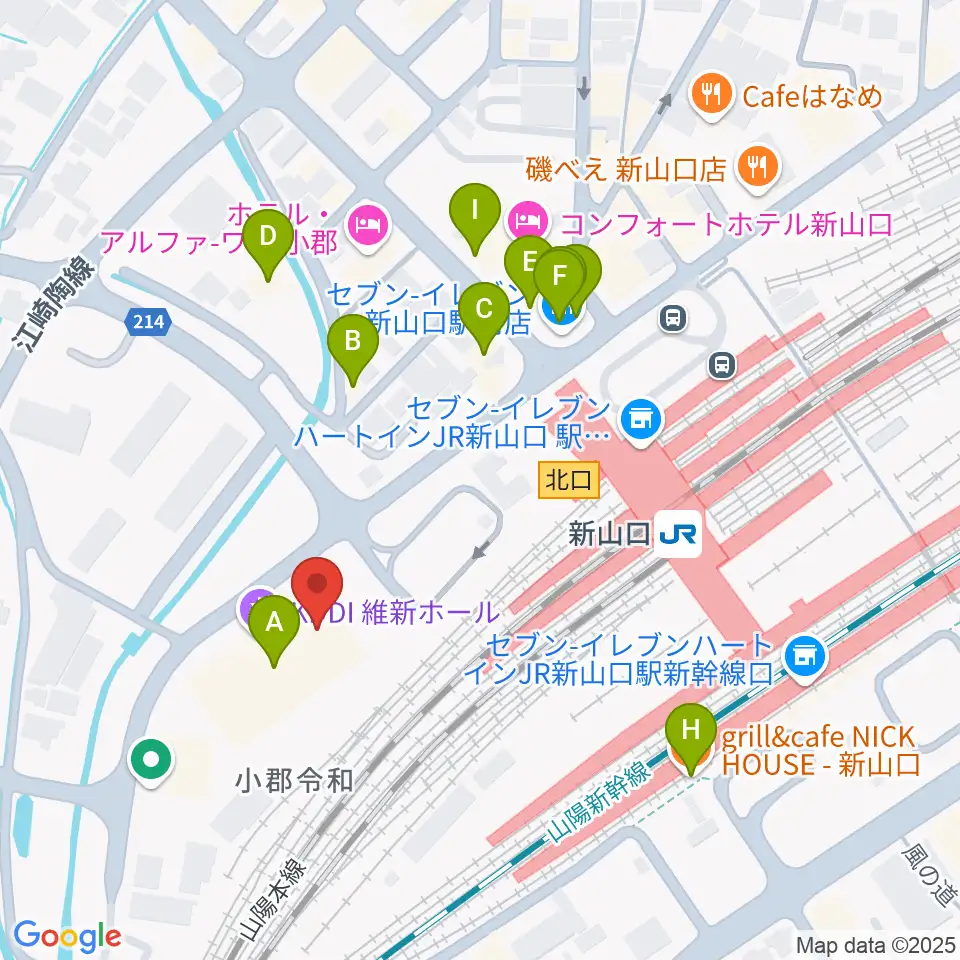 KDDI維新ホール周辺のファミレス・ファーストフード一覧地図