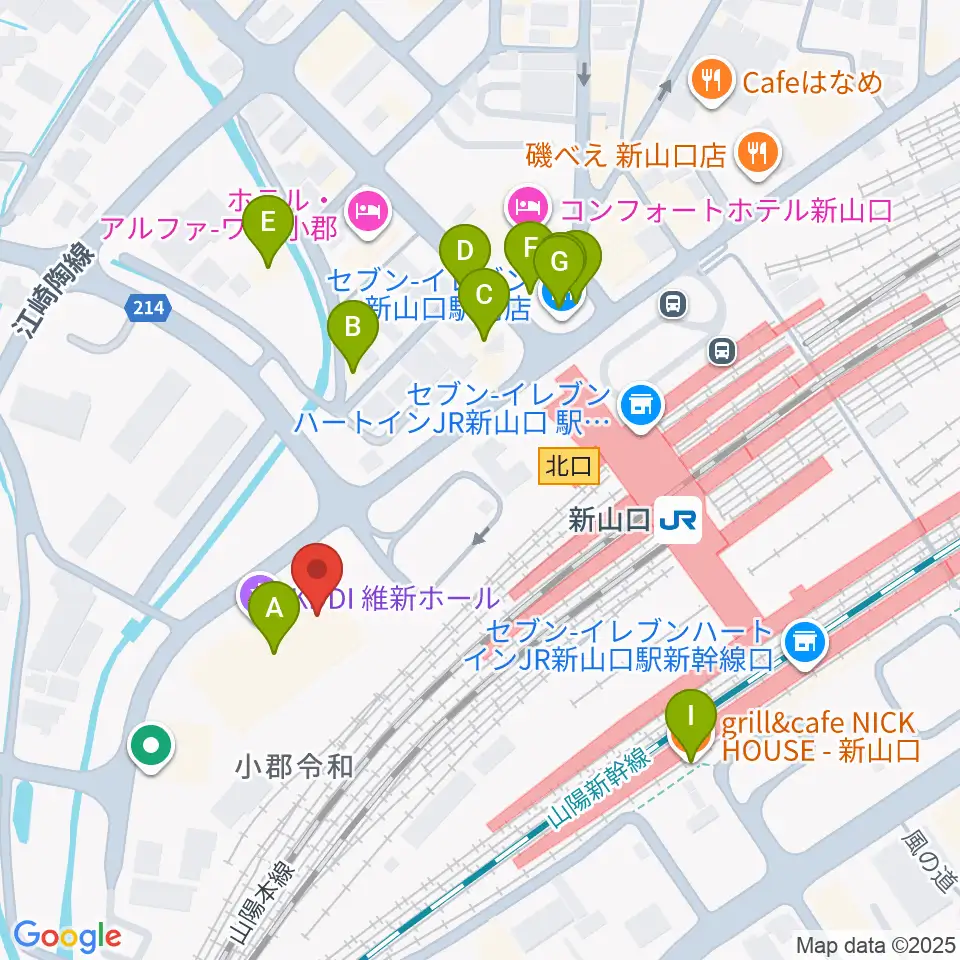 KDDI維新ホール周辺のファミレス・ファーストフード一覧地図