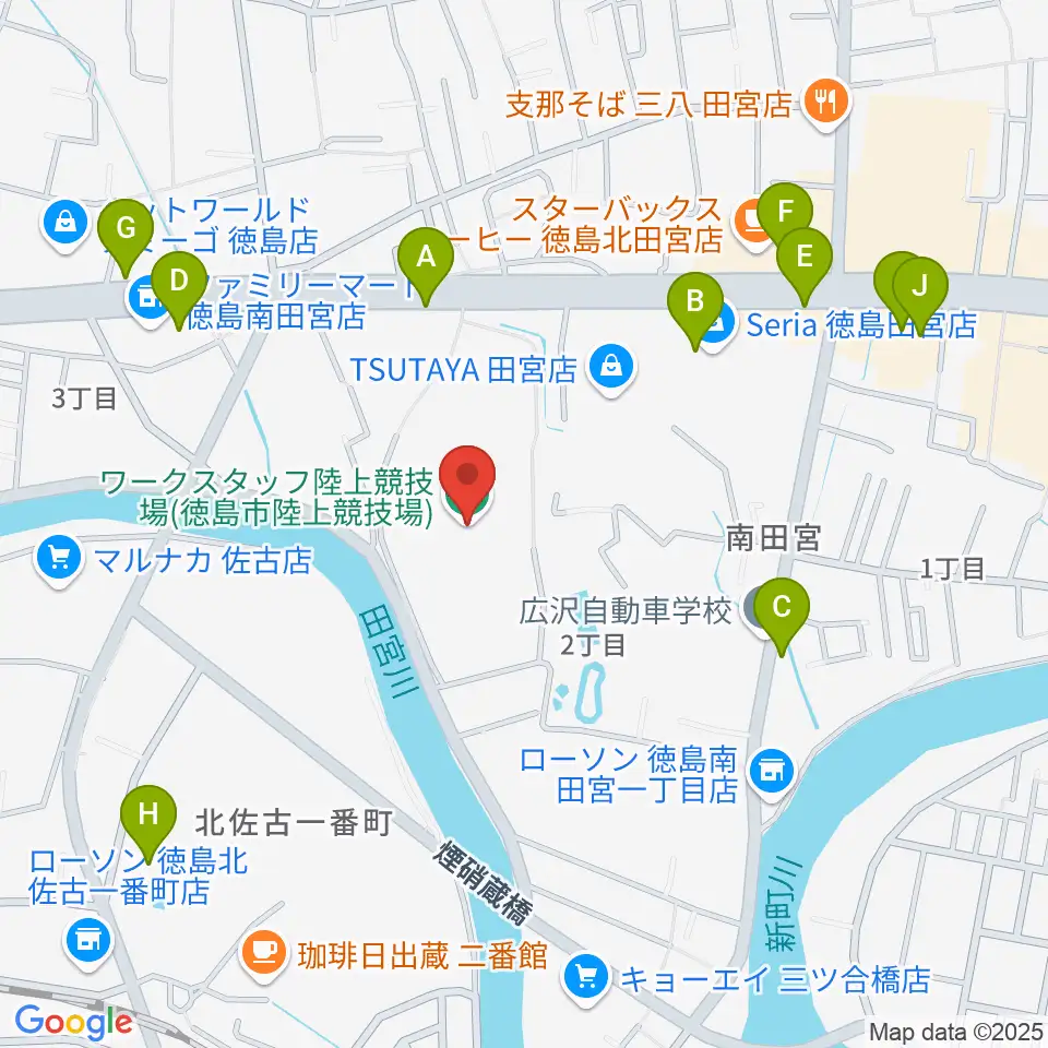 ワークスタッフ陸上競技場周辺のファミレス・ファーストフード一覧地図