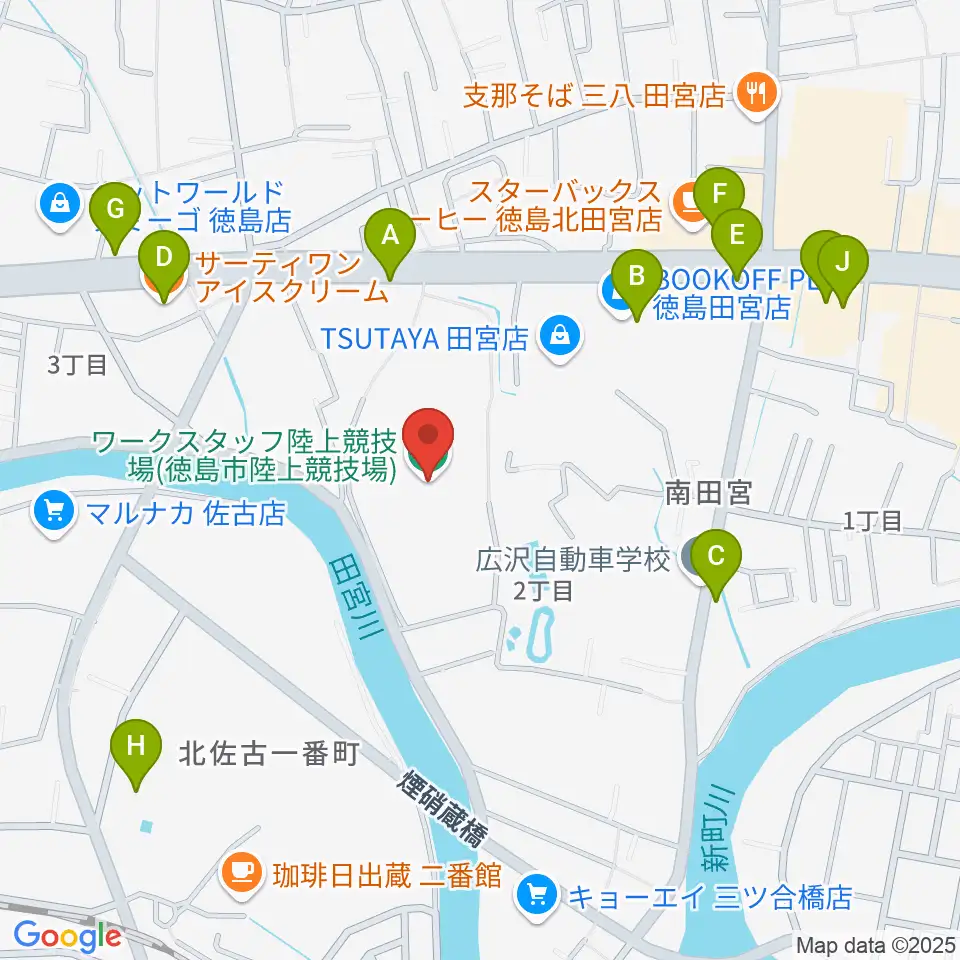 ワークスタッフ陸上競技場周辺のファミレス・ファーストフード一覧地図