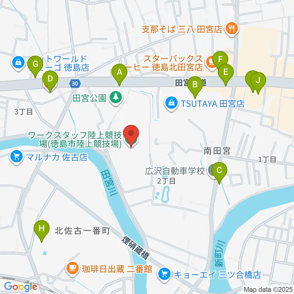 ワークスタッフ陸上競技場周辺のファミレス・ファーストフード一覧地図