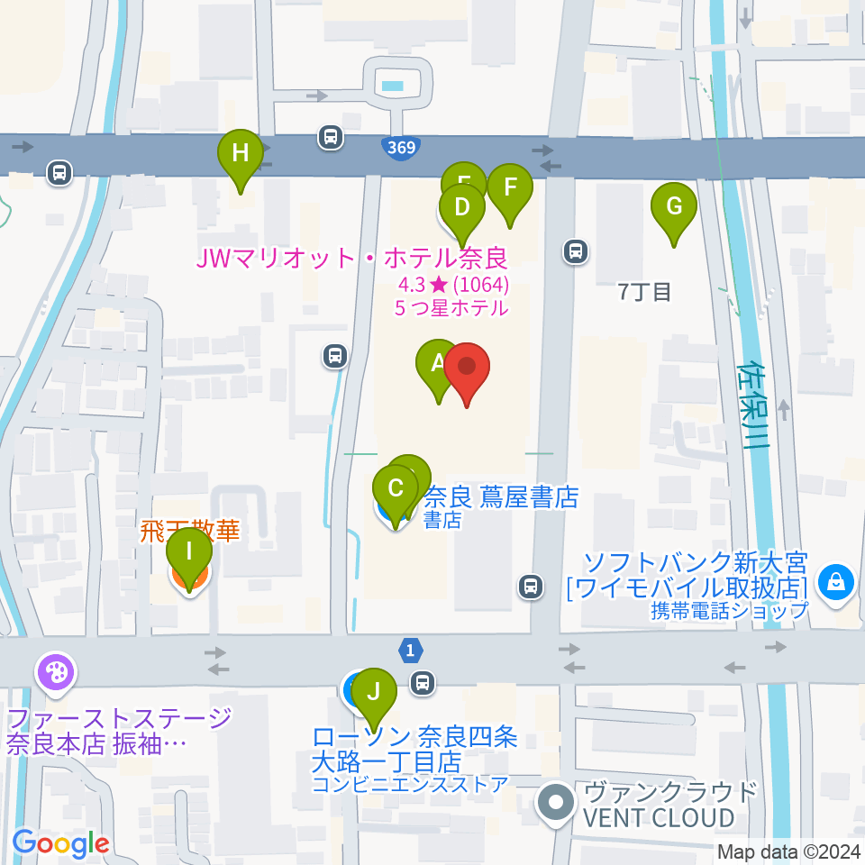 奈良県コンベンションセンター周辺のファミレス・ファーストフード一覧地図