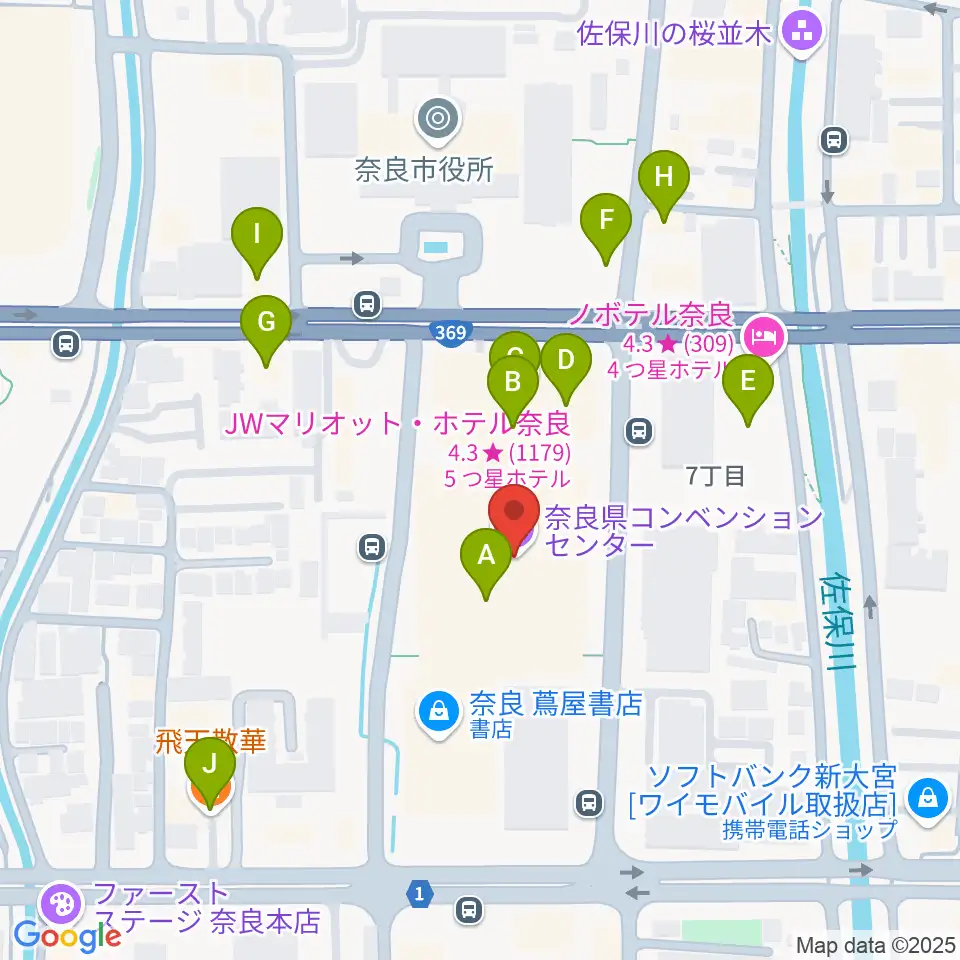 奈良県コンベンションセンター周辺のファミレス・ファーストフード一覧地図