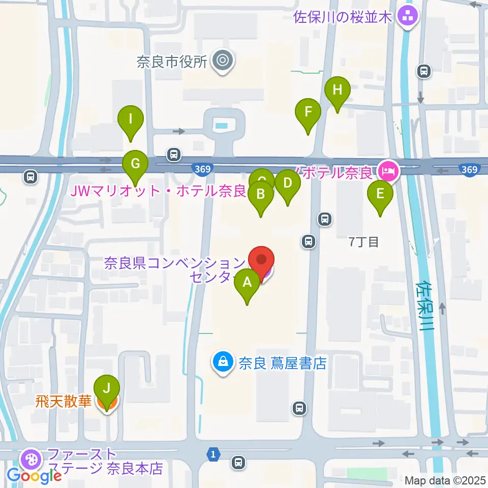 奈良県コンベンションセンター周辺のファミレス・ファーストフード一覧地図