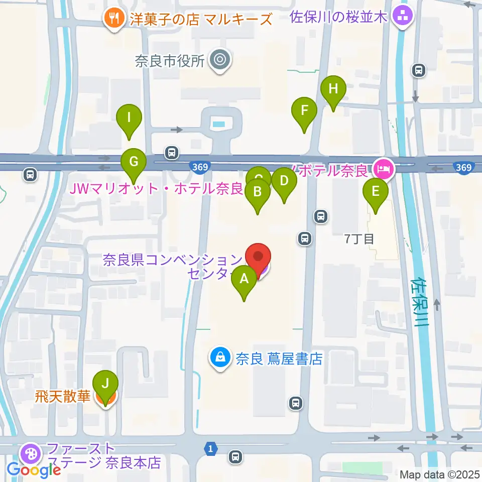 奈良県コンベンションセンター周辺のファミレス・ファーストフード一覧地図