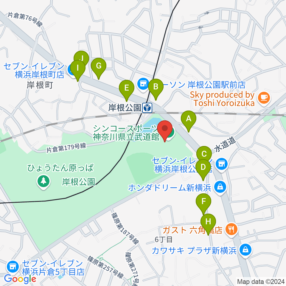 シンコースポーツ神奈川県立武道館周辺のファミレス・ファーストフード一覧地図