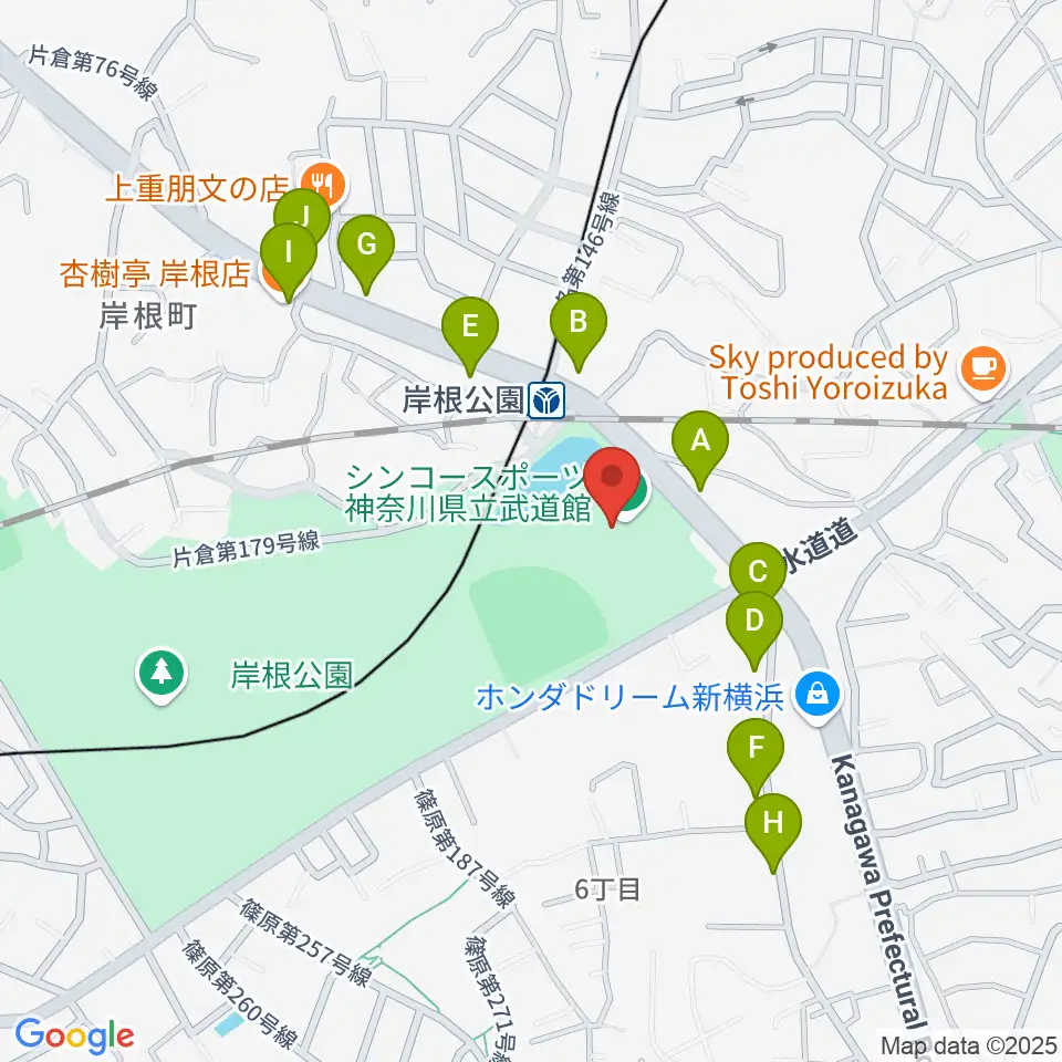 シンコースポーツ神奈川県立武道館周辺のファミレス・ファーストフード一覧地図