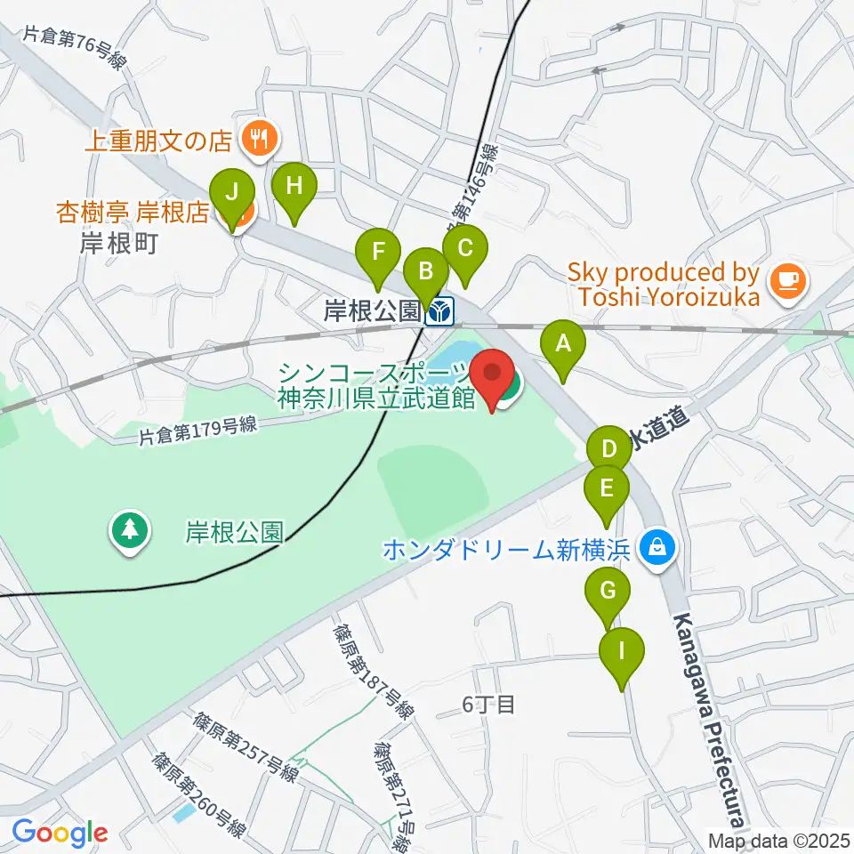 シンコースポーツ神奈川県立武道館周辺のファミレス・ファーストフード一覧地図