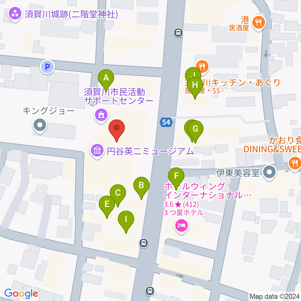 須賀川市民交流センターtette周辺のファミレス・ファーストフード一覧地図