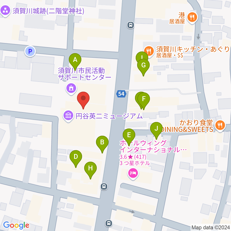 須賀川市民交流センターtette周辺のファミレス・ファーストフード一覧地図