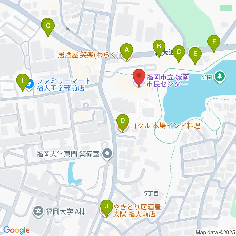 福岡市城南区城南市民センター周辺のファミレス・ファーストフード一覧地図