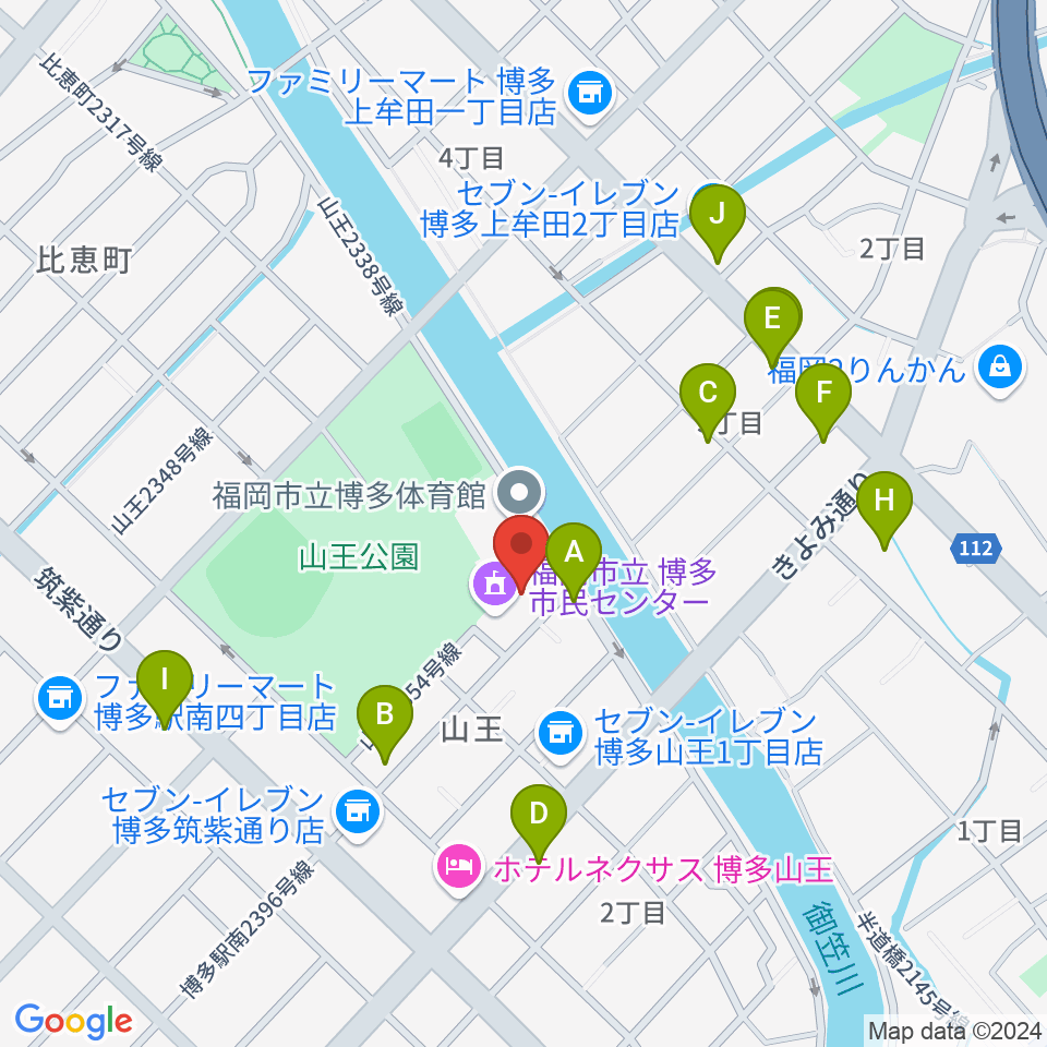 福岡市立博多市民センター周辺のファミレス・ファーストフード一覧地図