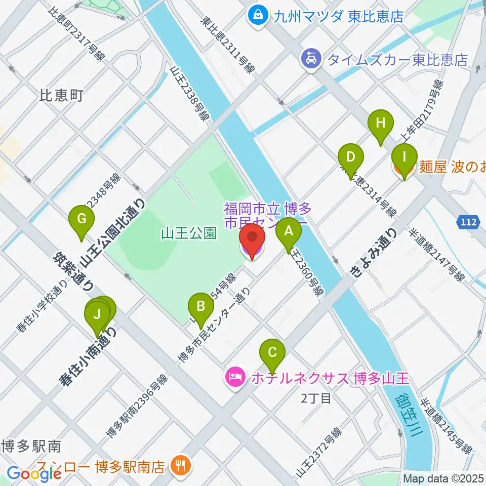 福岡市立博多市民センター周辺のファミレス・ファーストフード一覧地図