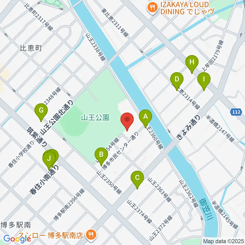 福岡市立博多市民センター周辺のファミレス・ファーストフード一覧地図