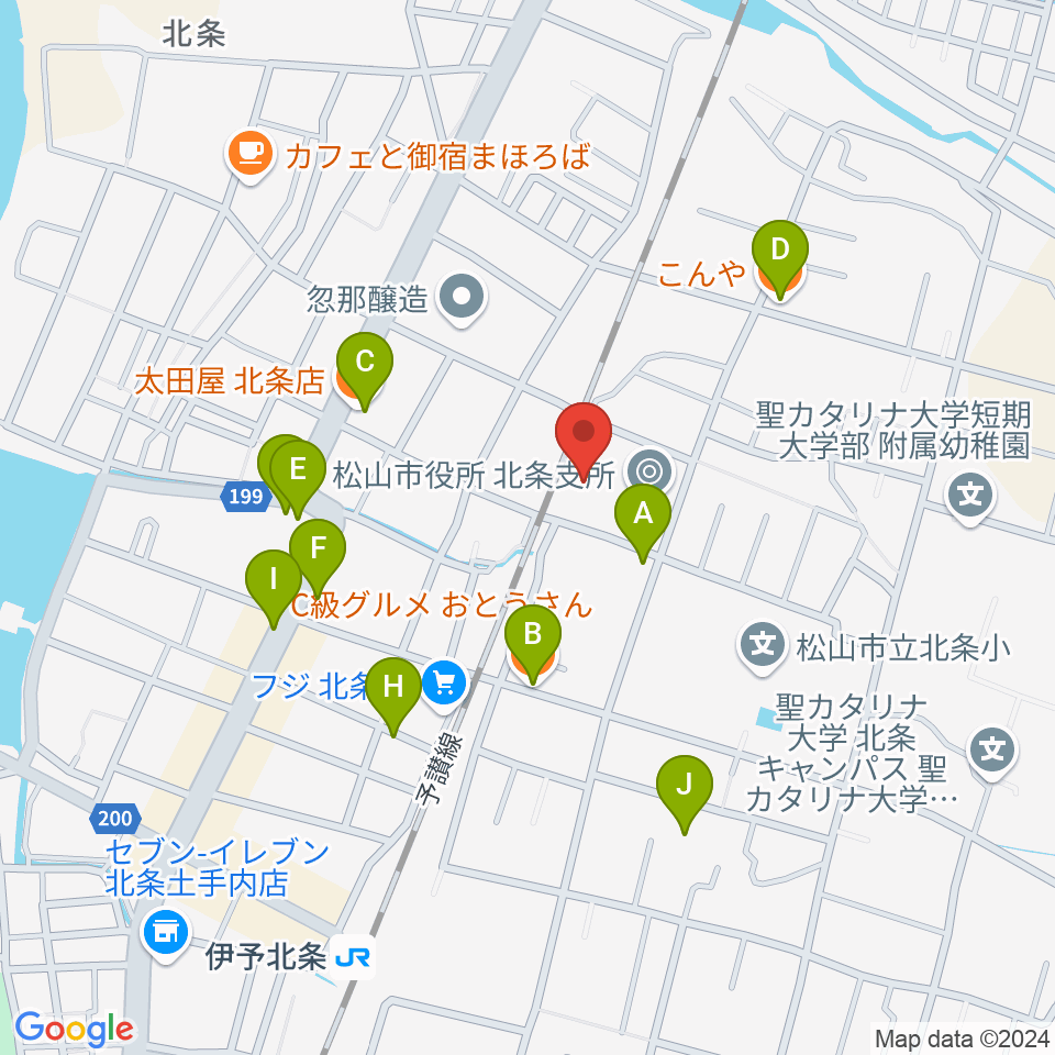 松山市北条市民会館周辺のファミレス・ファーストフード一覧地図