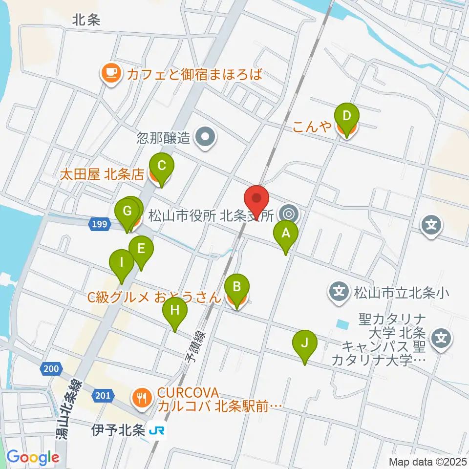 松山市北条市民会館周辺のファミレス・ファーストフード一覧地図