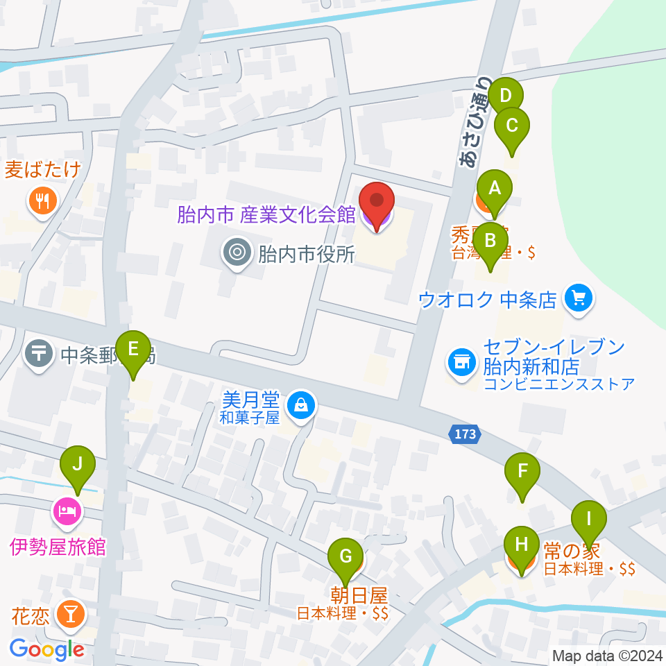 胎内市産業文化会館周辺のファミレス・ファーストフード一覧地図