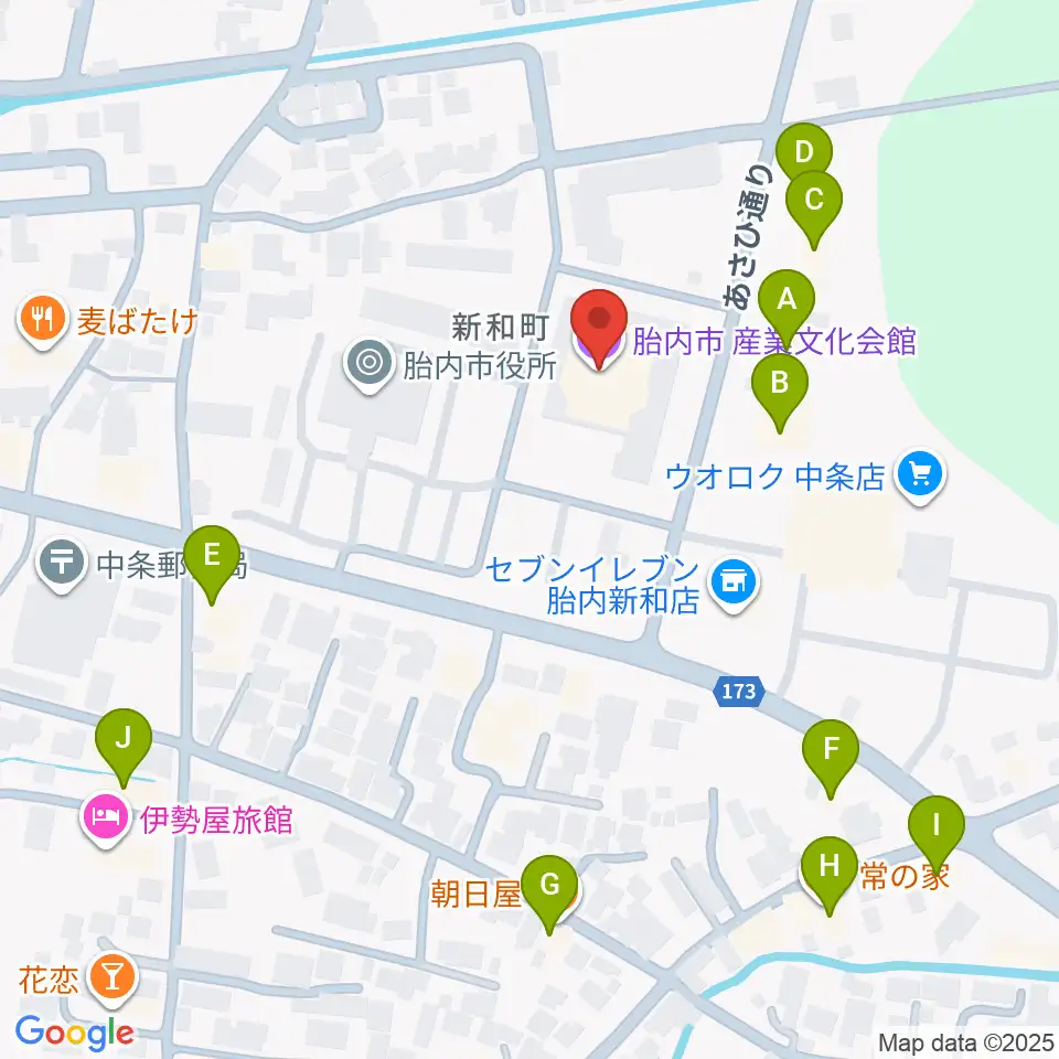 胎内市産業文化会館周辺のファミレス・ファーストフード一覧地図