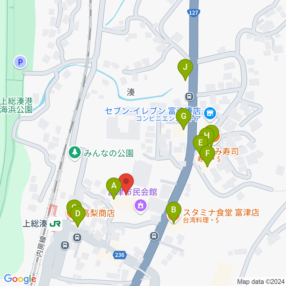 富津市民会館周辺のファミレス・ファーストフード一覧地図