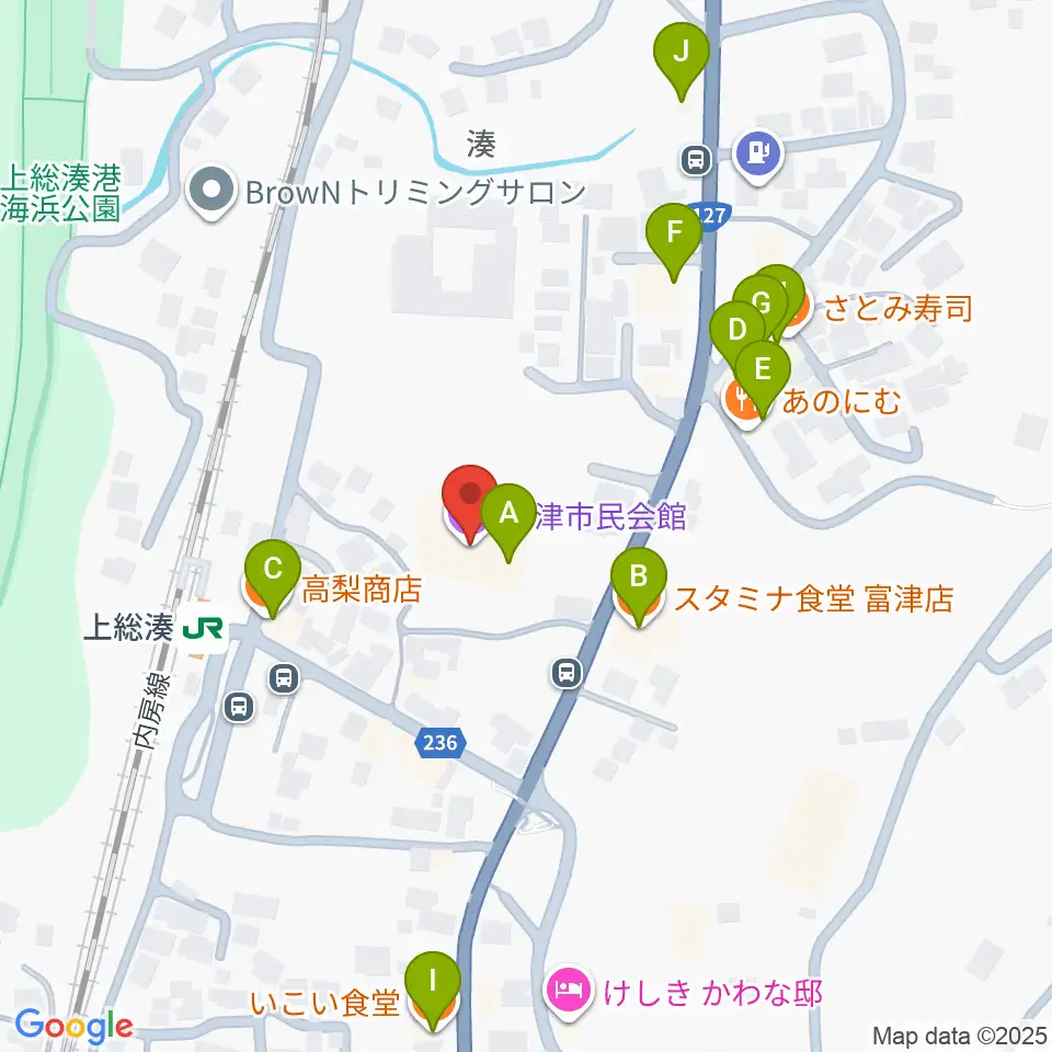 富津市民会館周辺のファミレス・ファーストフード一覧地図