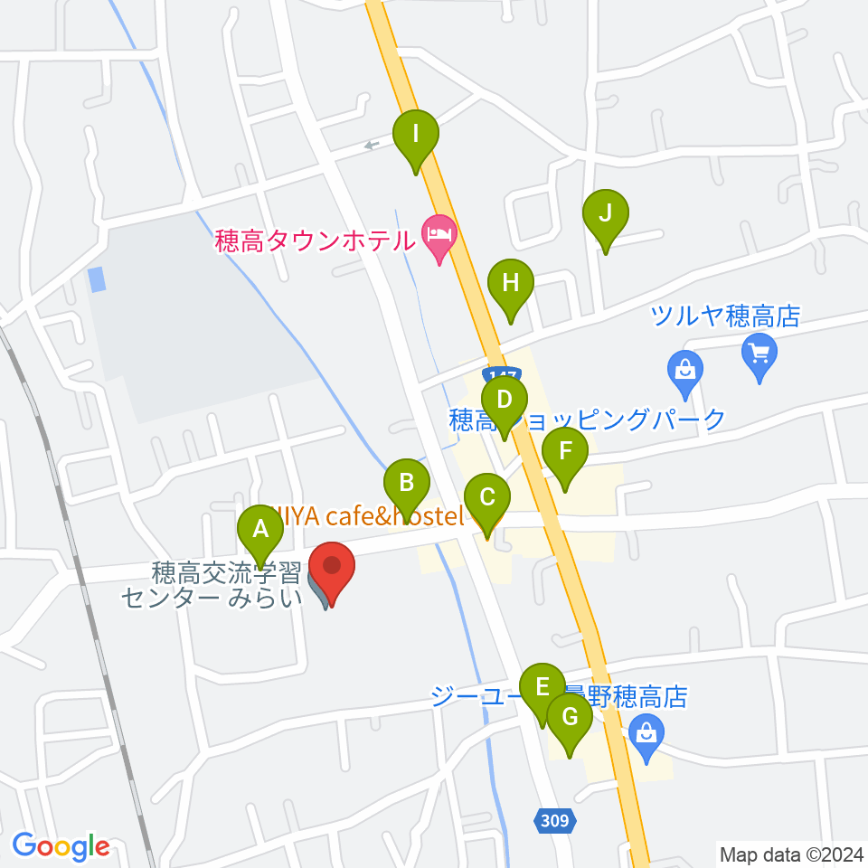 穂高交流学習センターみらい周辺のファミレス・ファーストフード一覧地図