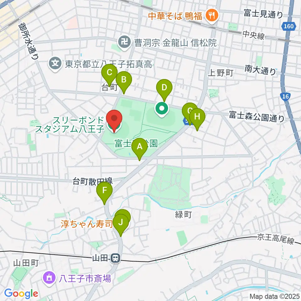 スリーボンドスタジアム八王子周辺のファミレス・ファーストフード一覧地図