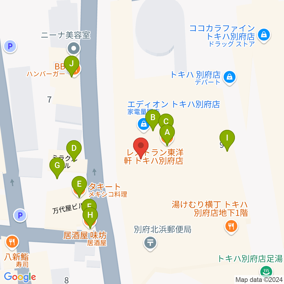 ぶらり劇場別府座周辺のファミレス・ファーストフード一覧地図